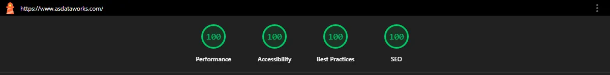 Lighthouse report header for https://www.asdataworks.com/: four category gauges all reading 100 — Performance, Accessibility, Best Practices and SEO.